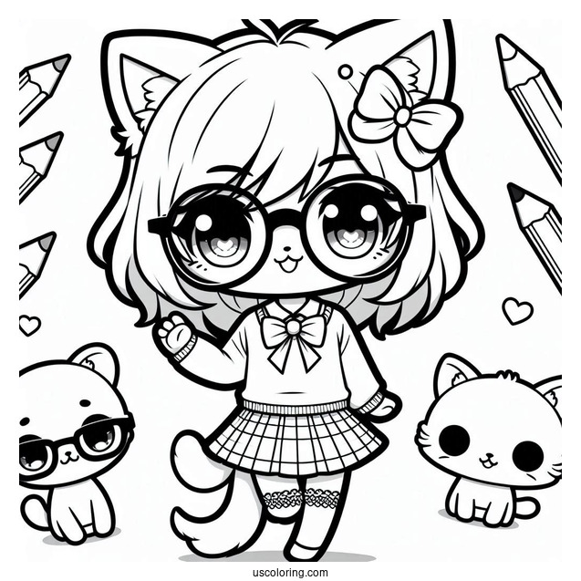 Chibi Nerdy Cat Girl Coloring Sheet For Kids