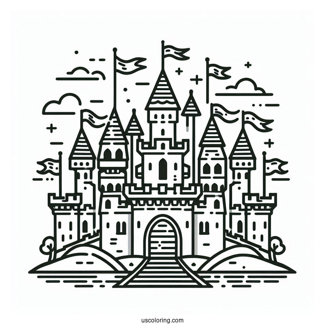 Simple Outline Of Castle Coloring Page With Flags For Kids