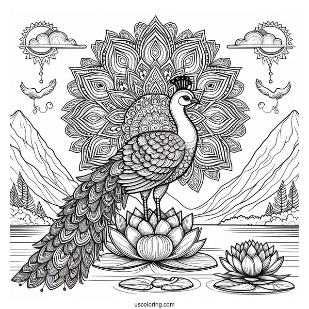 Mandala Peacock Coloring Page Standing on Lotus in Mountain Landscape