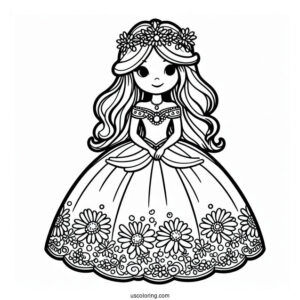 Easy Princess Daisy Coloring Page In Gown For Kids