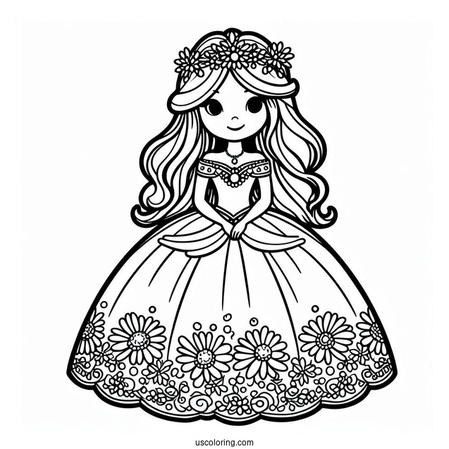 Easy Princess Daisy Coloring Page In Gown For Kids