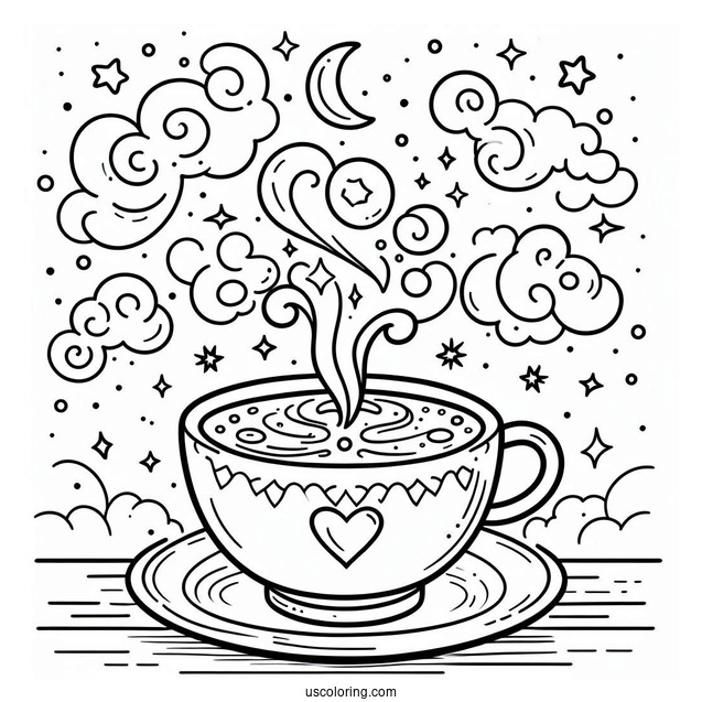 Magical Coffee Coloring Pages Of Cup With Clouds And Stars