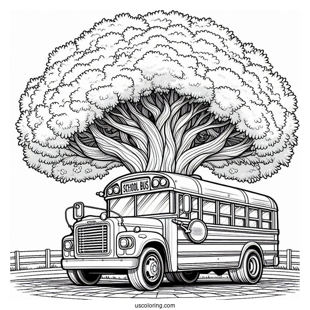 School Bus Coloring Page Parked In Front Of A Massive Tree