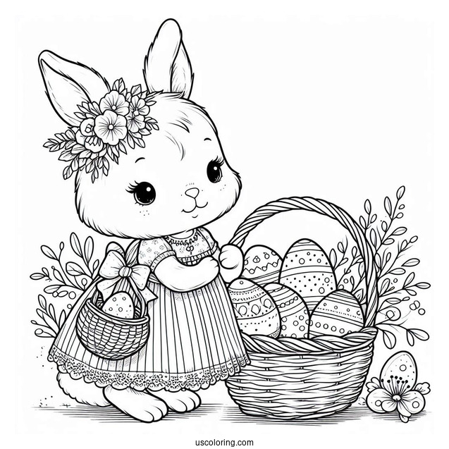 Beautiful Easter Coloring Page Of Bunny In A Dress With A Basket Full Of Eggs