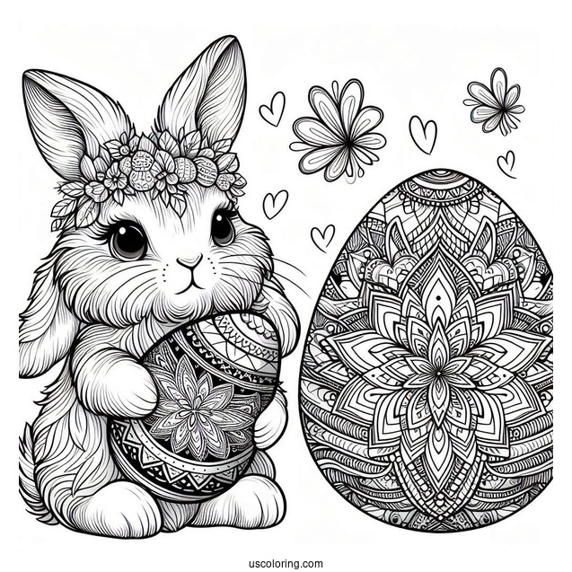 Furry Bunny Holding An Easter Coloring Page Of Egg With Mandala Pattern