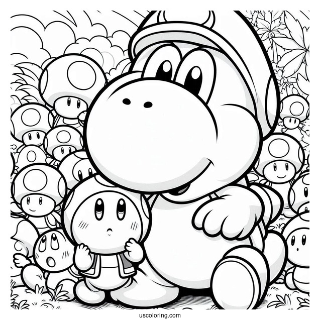 Yoshi And Shy Guy Coloring Page With Toads In The Background
