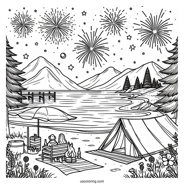 Summer Coloring Page Of Beach Camping With Fireworks In The Sky