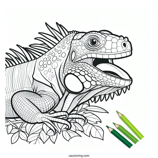 Lizard Coloring Page of Green Iguana With Mouth Open