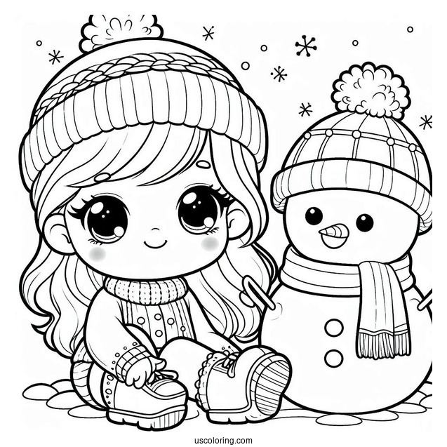 Baby Coloring Page In Winter Clothes Sitting Next To A Snowman