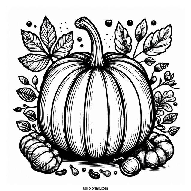 Large Pumpkin Coloring Page With Leaves To Color
