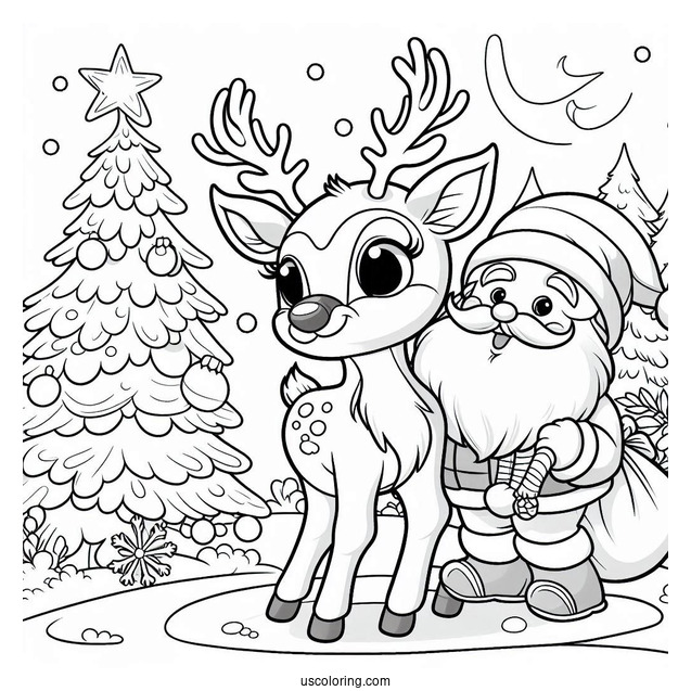 Cartoon Rudolph Coloring Page With Santa Claus In The Snow