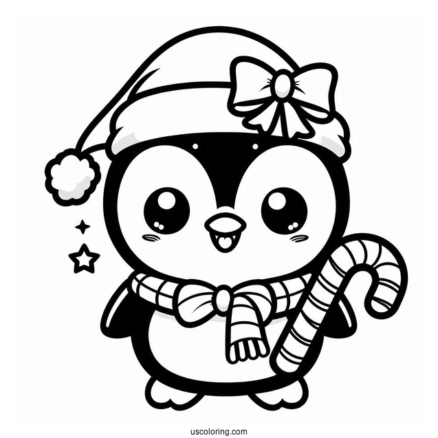 Cute Cartoon Penguin Holding A Candy Cane Coloring Page For Kids