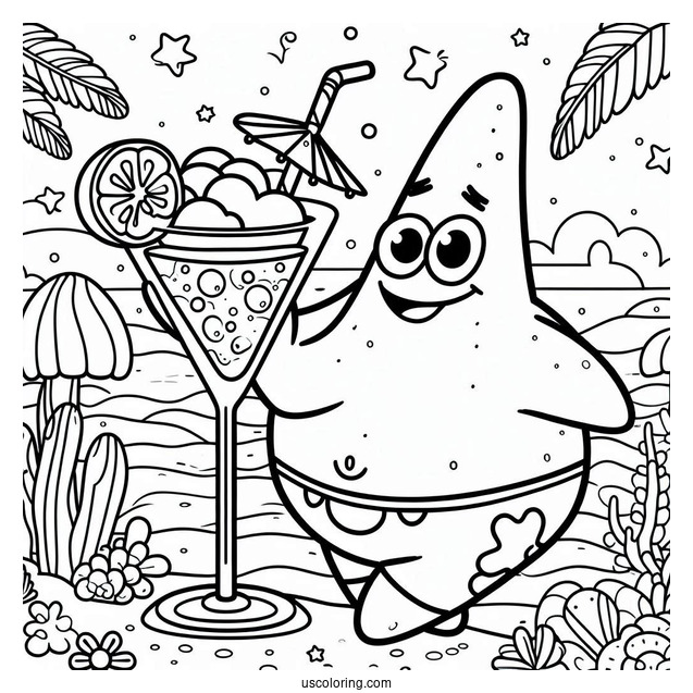 Patrick Star Coloring Page Drinking Cocktail In Front Of Jelly Fields