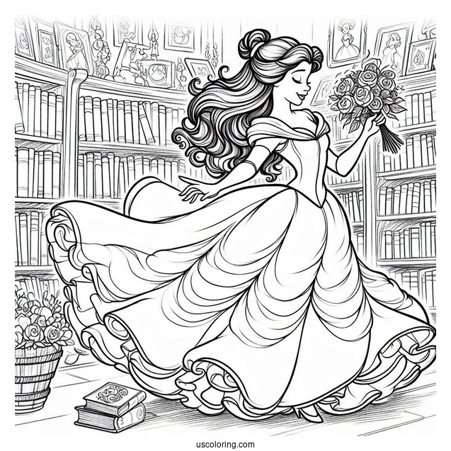 Coloring Page Of Belle Dancing In Book Store
