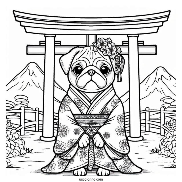 Pug Coloring Page in Kimono at Japanese Torii Gate For Kids