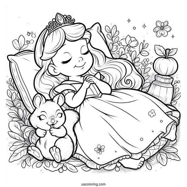 Sleeping Beauty Coloring Page Of Baby Princess Aurora Playing With A Squirrel For Kids
