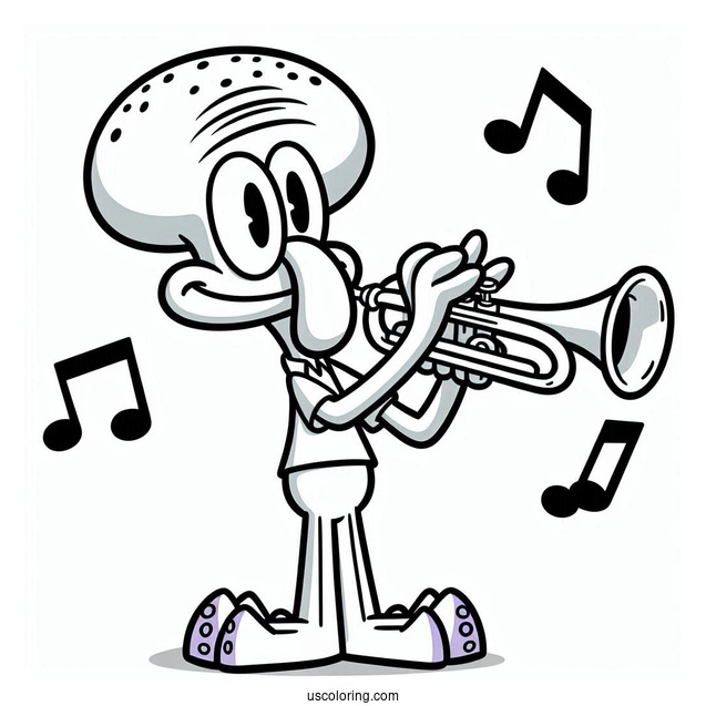 Squidward Coloring Page Playing Trumpet