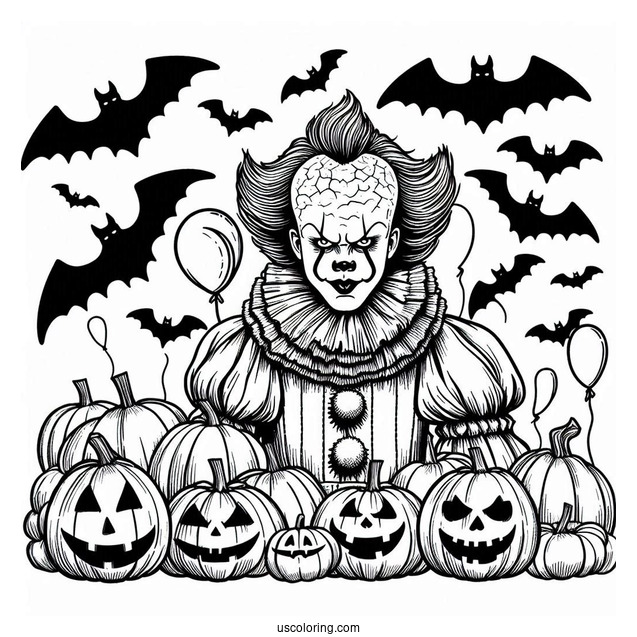 Pennywise Coloring Page With Bats And Jack O Lanterns