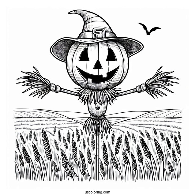 Pumpkin Head Scarecrow Coloring Page On A Vast Field