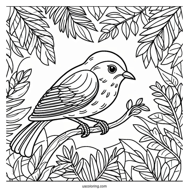 Easy Outline Of Bird Perched On Leaf In Jungle Coloring Page