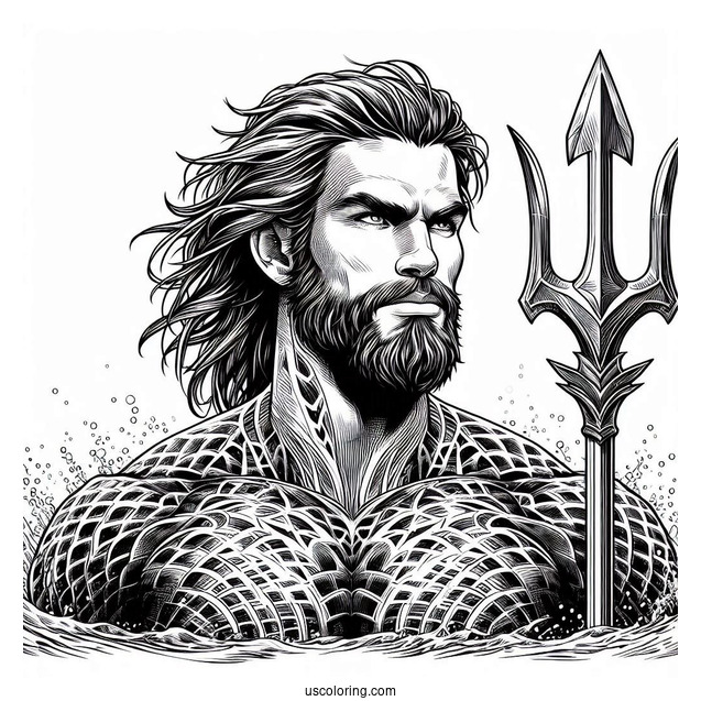 Realistic Aquaman Coloring Page With Trident And Water In The Back