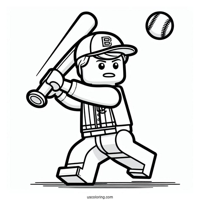 LEGO Baseball Coloring Page Player Swinging A Bat for Kids