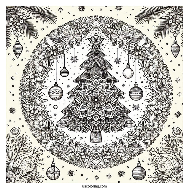 Christmas Tree Surrounded By Snow And Mistletoe Christmas Mandala Coloring Page