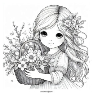 Realistic Little Girl Holding Basket Of Spring Coloring Page Flowers