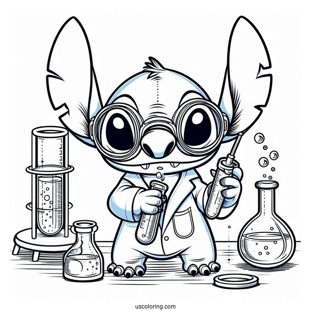 Science Coloring Page Of Mad Scientist Stitch With Goggles And Test Tube For Kids