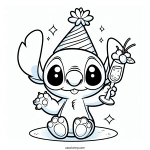 Stitch Wearing A Party Hat And Holding Up A Wineglass On The New Year Coloring Page
