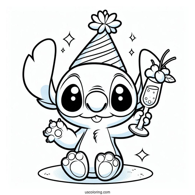 Stitch Wearing A Party Hat And Holding Up A Wineglass On The New Year Coloring Page