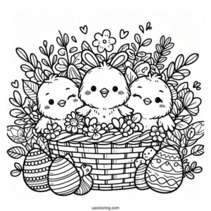 Happy Easter Coloring Page With Chicks And Eggs In Basket