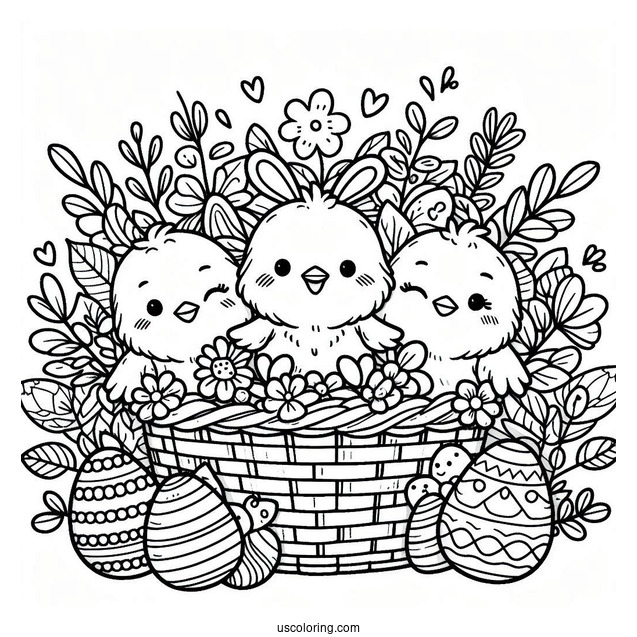 Happy Easter Coloring Page With Chicks And Eggs In Basket