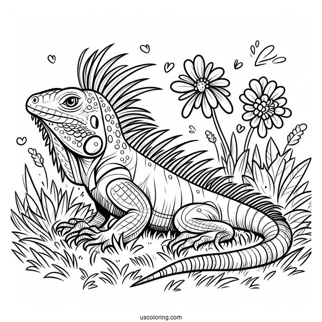 Lizard Coloring Page of Green Iguana On Grass