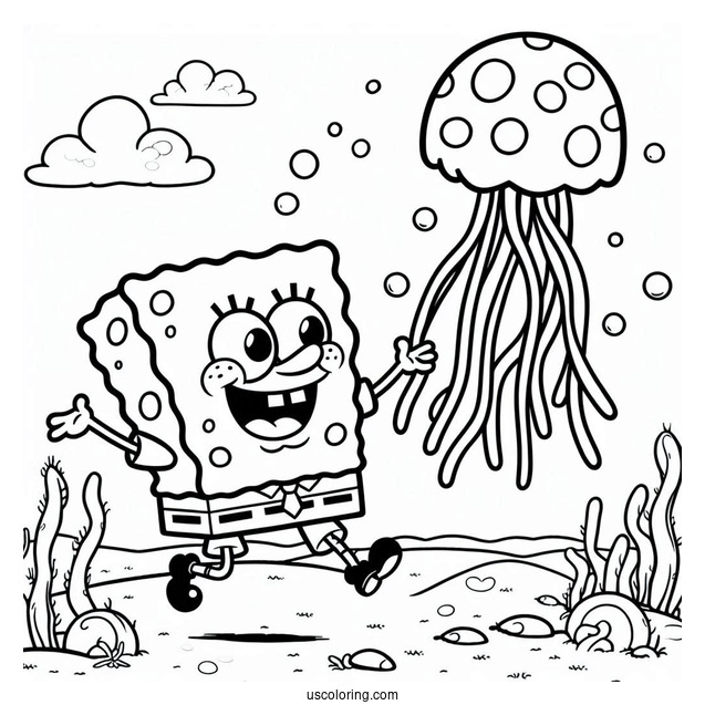Patrik Catching Jellyfish Coloring Page For Kids