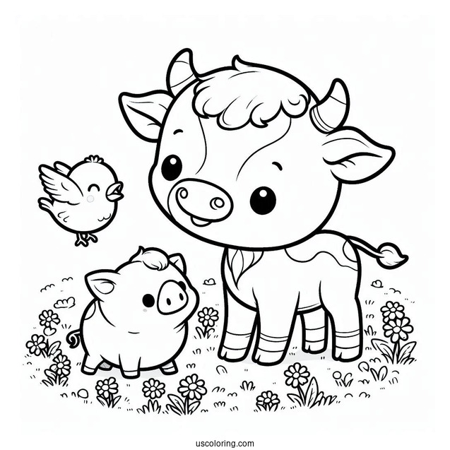 Baby Cow With Pig Chicken And Pig Coloring Sheet
