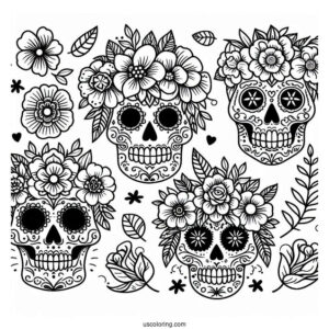 Sugar Skulls Coloring Page With Floral Patterns For Preschoolers
