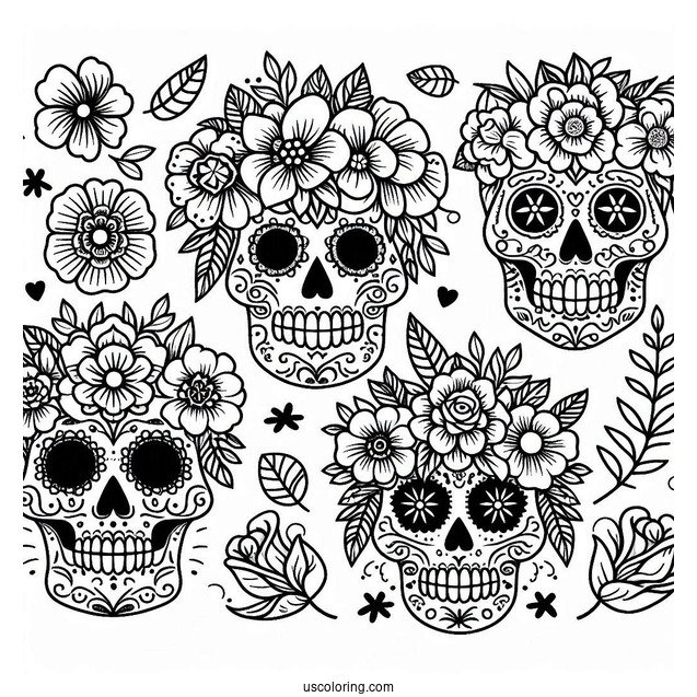 Sugar Skulls Coloring Page With Floral Patterns For Preschoolers