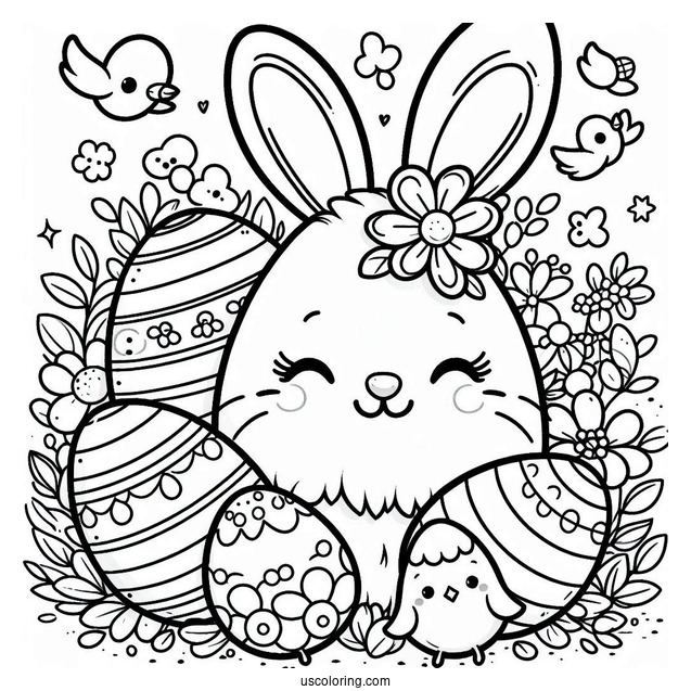 Smiling Easter Egg Coloring Page Bunny with Chicks and Flowers