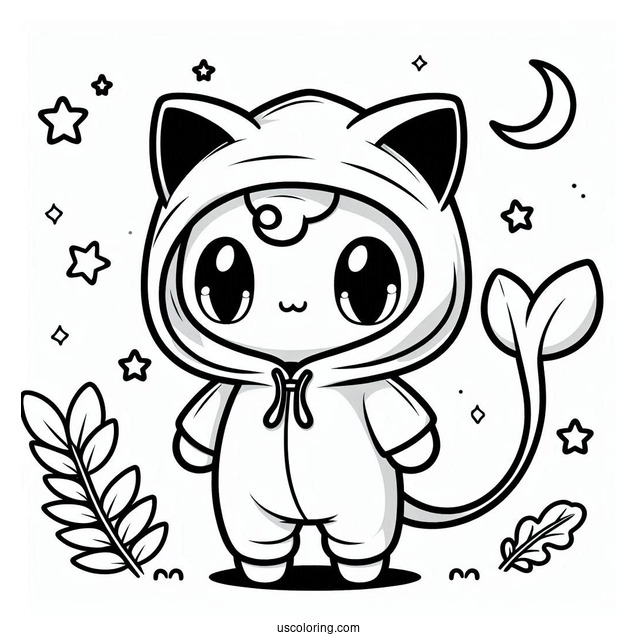 Cute Mew Coloring Page In Onesie With Hoodie For Kids
