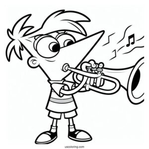Phineas And Ferb Coloring Page Playing Trumpet For Kids