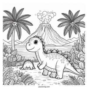 Little Apatosaurus With Volcano In The Background