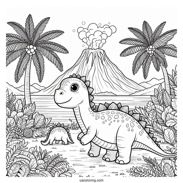 Little Apatosaurus With Volcano In The Background