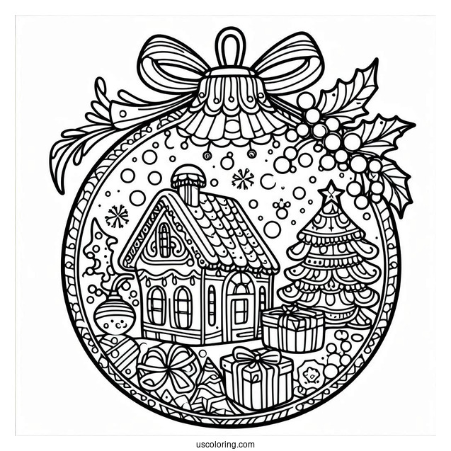 Christmas Coloring Pages For Adults Of Christmas Bauble With Gingerbread House Inside