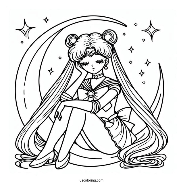 Easy Coloring Page Of Sailor Moon On Crescent Moon