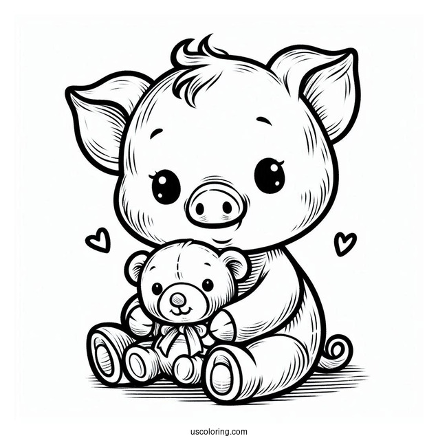 Baby Piglet Coloring Page Holding A Teddy Bear For Preschoolers