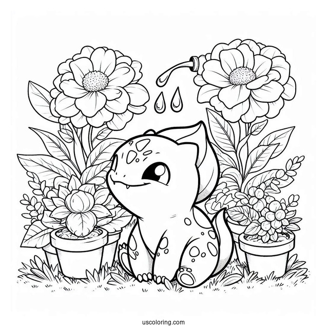 Bulbasaur Coloring Page Watering Flowers