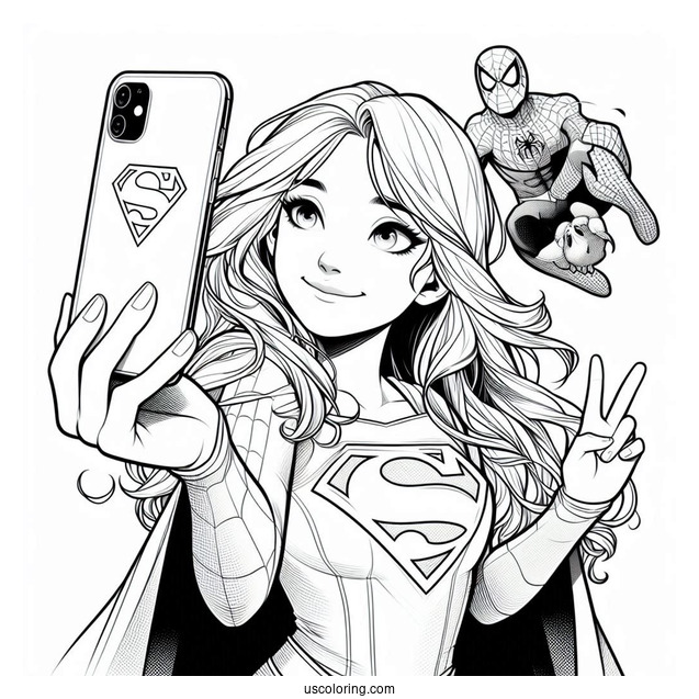 Spiderman, Superman, And Supergirl Coloring Page Taking A Selfie