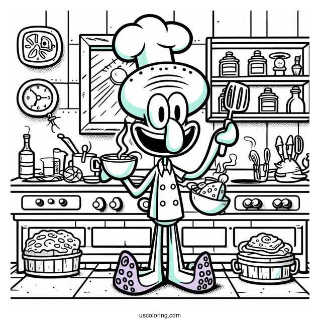 Squidward Coloring Page In The Krusty Krab Kitchen