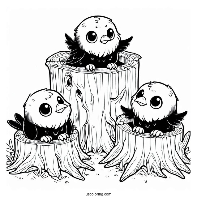 Three Chibi Raven Coloring Page Living Inside A Tree Stump For Kids